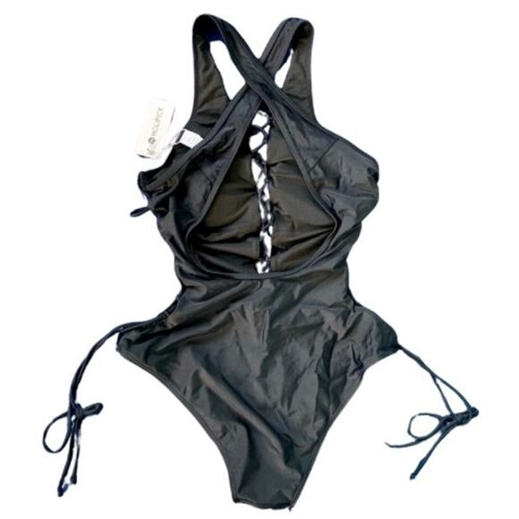 NWT Sexy Chic Black Lace-Up One Piece Swimsuit (L) - Picture 2 of 7